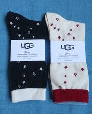 2 Pair UGG Merino Wool Blend Crew Socks Black Cream Red w STARS Women NEW w Tags