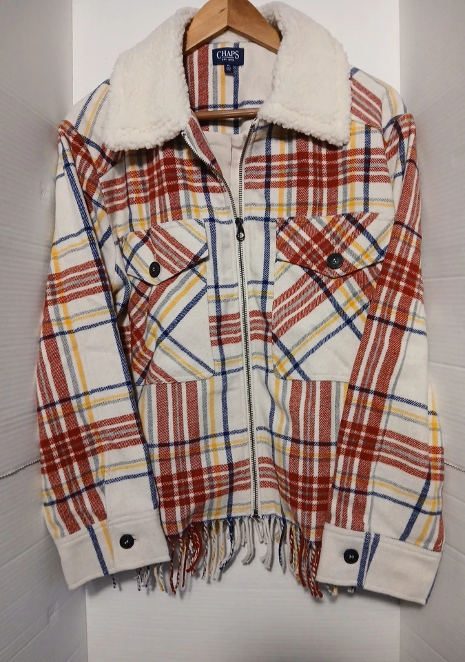 Chaqueta a Cuadros Chaps Roja Blanca Detalle de Flecos Talla 48 XLarge Cottage Vaquera Foto 2 de 4