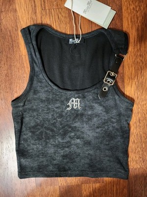 Miss Me Distressed Black Buckle Crop Tank Top Womens M NWT 