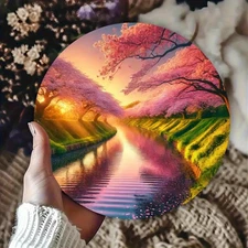 1pc Cherry Blossom Sunset Riverbank Wall Art - Japanese-Inspired Round Aluminum