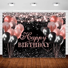 Black and Rose Gold Happy Birthday Backdrop Banner Party Decorations for Women,G
