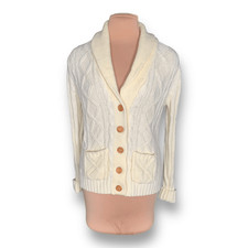 Cream Cable Knit Shawl Collar Cardigan Sweater Wood Buttons Front Pockets Medium