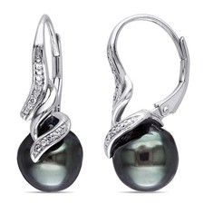 AMOUR 9 - 9.5 Mm Black Tahitian Pearl and Diamond Twist Leverback Drop Earrings