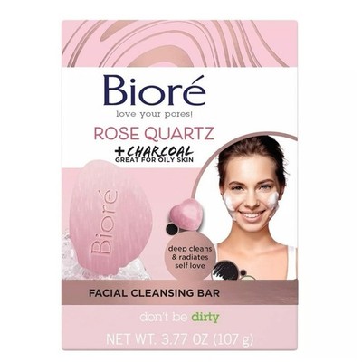 Biore Rose Quartz Charcoal Facial Cleansing Bar for Oily Skin 3.77 oz New