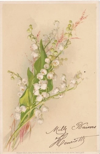 Old postcard fantasy MILLE KISSES, HENRIETTE! LILY OF THE VALLEY Strand. Write 1907