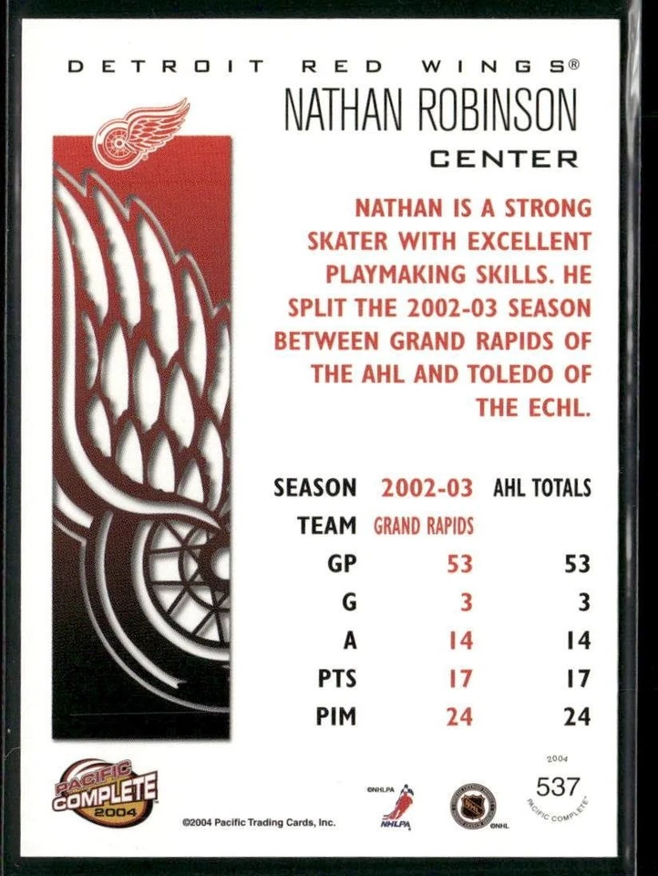 2003-04 Pacific Complete Nathan Robinson RC #537 Detroit Red Wings - Image 2 of 2