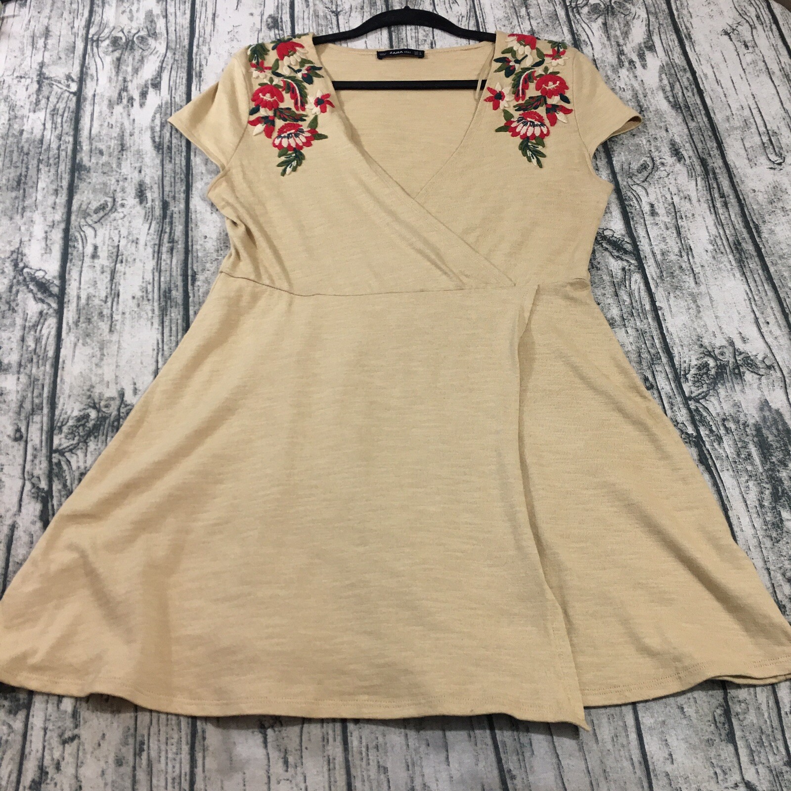 Zara Knit Womens Wrap Fit To Flare Dress S Small Beige Brown Floral Embroidered thumbnail 3
