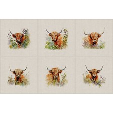 Cushion Panels - Highland Cows - Linen Look Cotton Rich - 6 x 45cm x 45cm