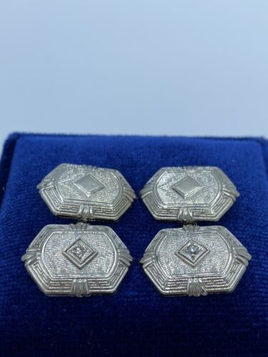 VTG Edwardian 14K White Gold Cufflinks Diamond Accent 3.6 Grams