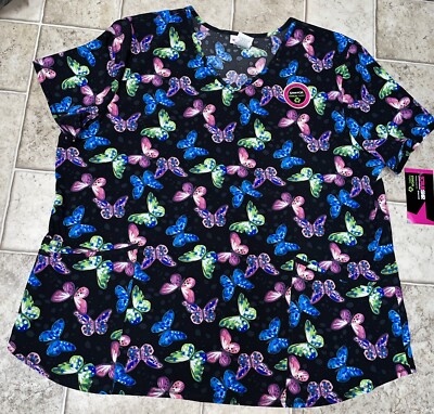NWT Womens Black Butterfly Print Stretch Scrubstar Scrub Top Shirt Size 2XL