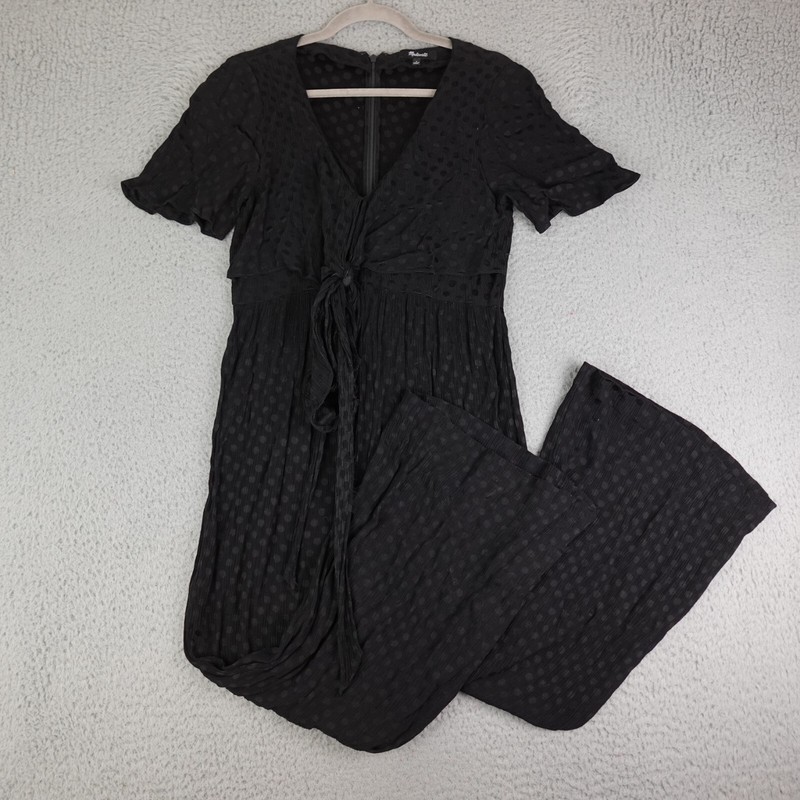 Madewell Romper Womens 4 Black Wide Leg Wrap Waist Jumpsuit Black Jacquard VNeck