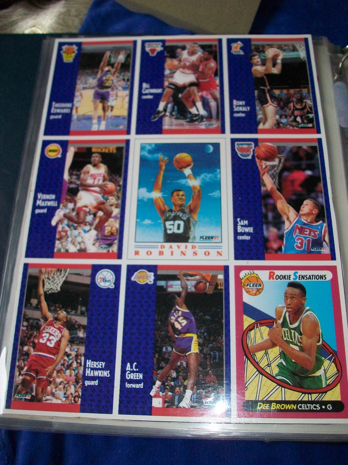 1991-92 Fleer Basketball 9 card page - David Robinson Dee Brown Vernon Maxwell +