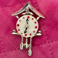 Vintage Cuckoo Clock Brooch Pin Mother Of Pearl Hand Painted Face Silver Tone