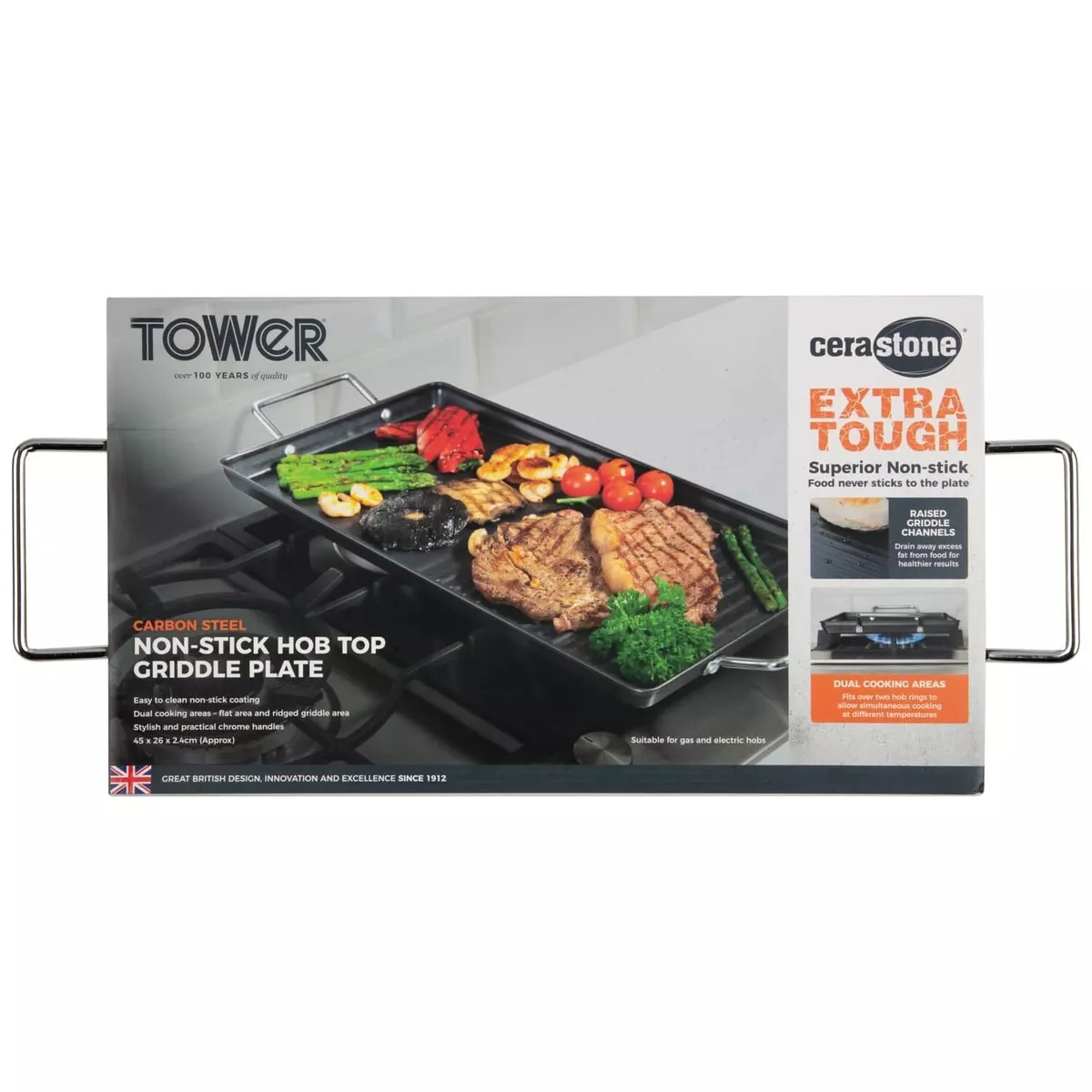 Tower Dual Non Stick Cera Stone Carbon Steel BBQ Hob Top Griddle
