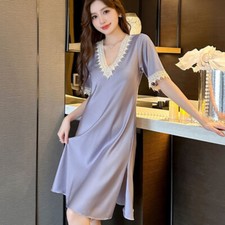 Fashion Ladies Lace Dress Midi Satin Nightdress Floral Sleepwear Casual Summer