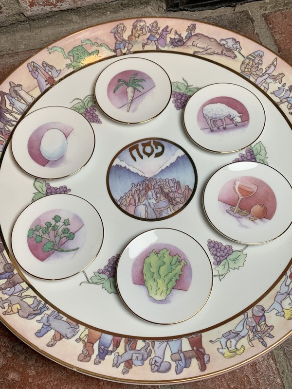 Judaica Seder Passover Plate 14" Exodus 7 Piece Set by robin hall RARE VINTAGE