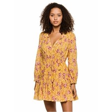 Farm Rio Banana Sunshine Floral Mini Dress Yellow Cotton Beaded Tassels L