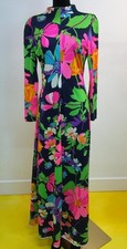 Vintage 1970s Floral Poly Maxi Dress Long Sleeve Zip Up