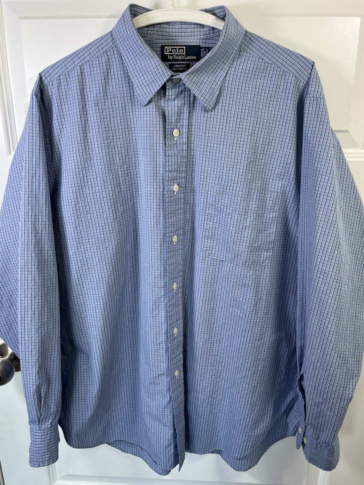 Vintage Polo Ralph Lauren Andrew Dress Shirt Mens 17 34 35 Blue Check XL