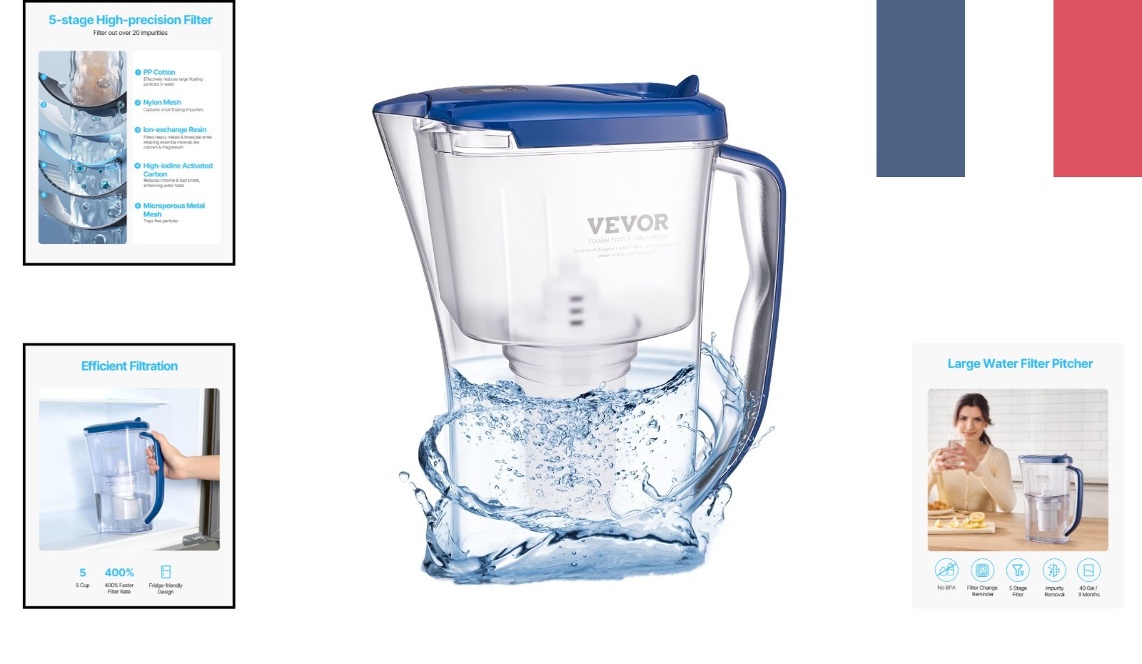 Carafe à eau VEVOR anti odeur purification 5 étages avec alerte filtre