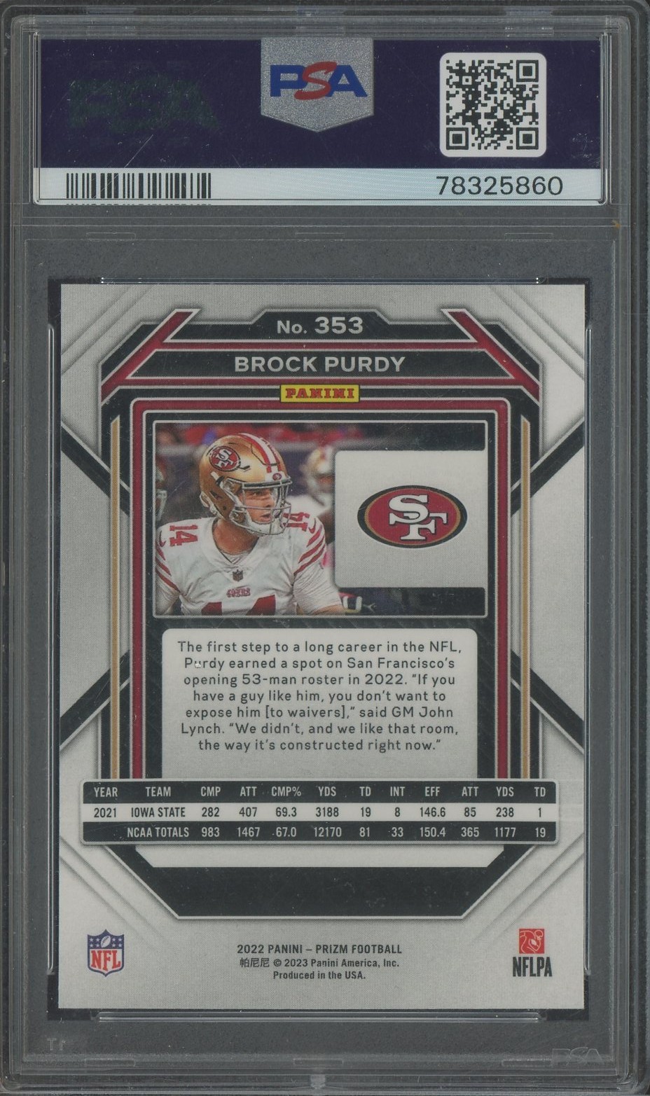 2022 Panini Prizm #353 Brock Purdy San Francisco 49ers RC Rookie PSA 10 view 2