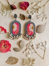 Handmade Resin Floral Jhumka Earrings White Daisy Pink Dangle Drops Bridal Jewel