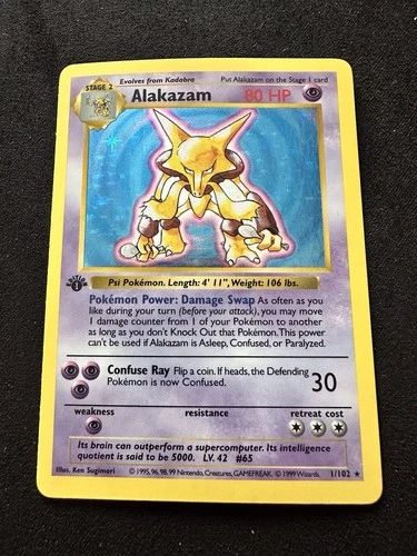 Pokemon Card Alakazam Holo 1/102 1st Edition Shadowless Base Set LP