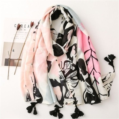 NEW Boho Floral Tasseled Rectangle Soft Chic Scarf Large Pink White Black