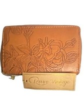 Revive Vintage Floral Embossed Vegan Leather Zip Around Wallet Camel