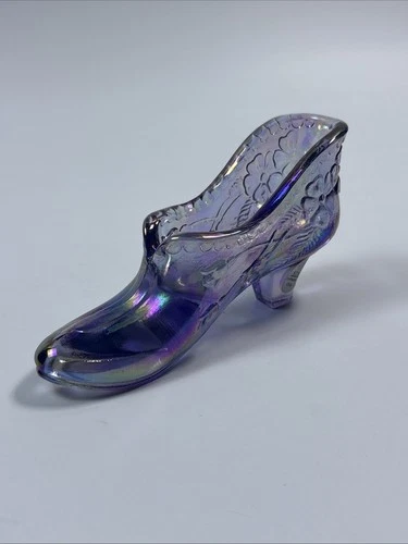 Vintage Fenton Purple Amethyst Glass Shoe Sparkle Bow Floral Hand Painted Signed