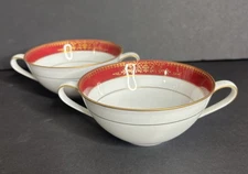2 Noritake Goldmere Cream Soup Bowls Gold Red Double Handled Vintage 6525 MCM
