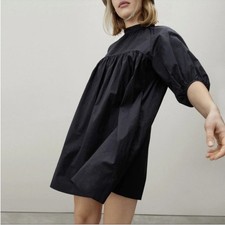 New Everlane Shirred A Line Mini Yoke Dress Black Size XS