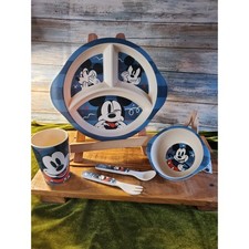 Disney Mickey Mouse Bamboo Kids Dinnerware Set Plate Bowl Cup Utensils Blue Fun