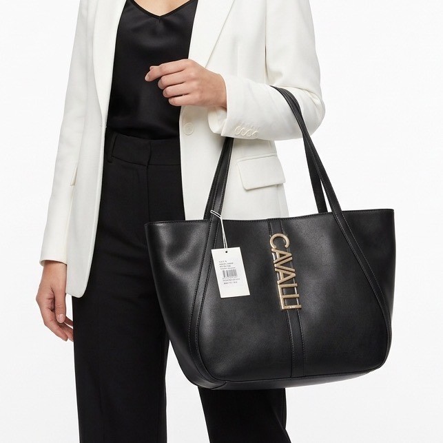 Cavalli Class Sandra Shopper Black Onyx Gold Logo Tote Bag