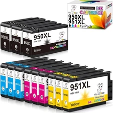 12 Pack XL Ink Cartridges Replacement HP 950XL 951XL Sealed 3-Bk 3-C 3-M 3-Y