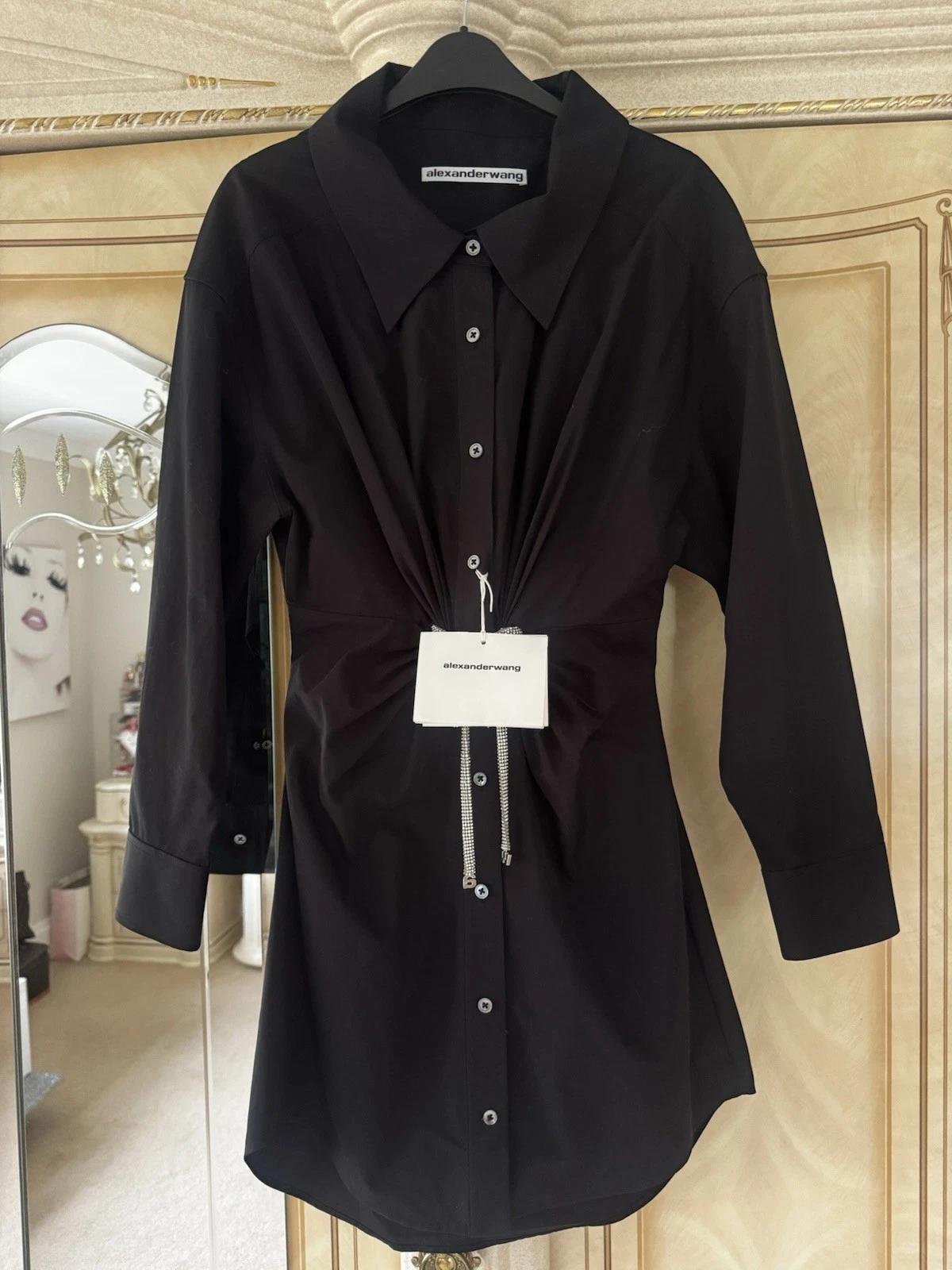 Abito mini camicia donna Alexander Wang cristallo fiocco cintura vita nero XS LBD raro