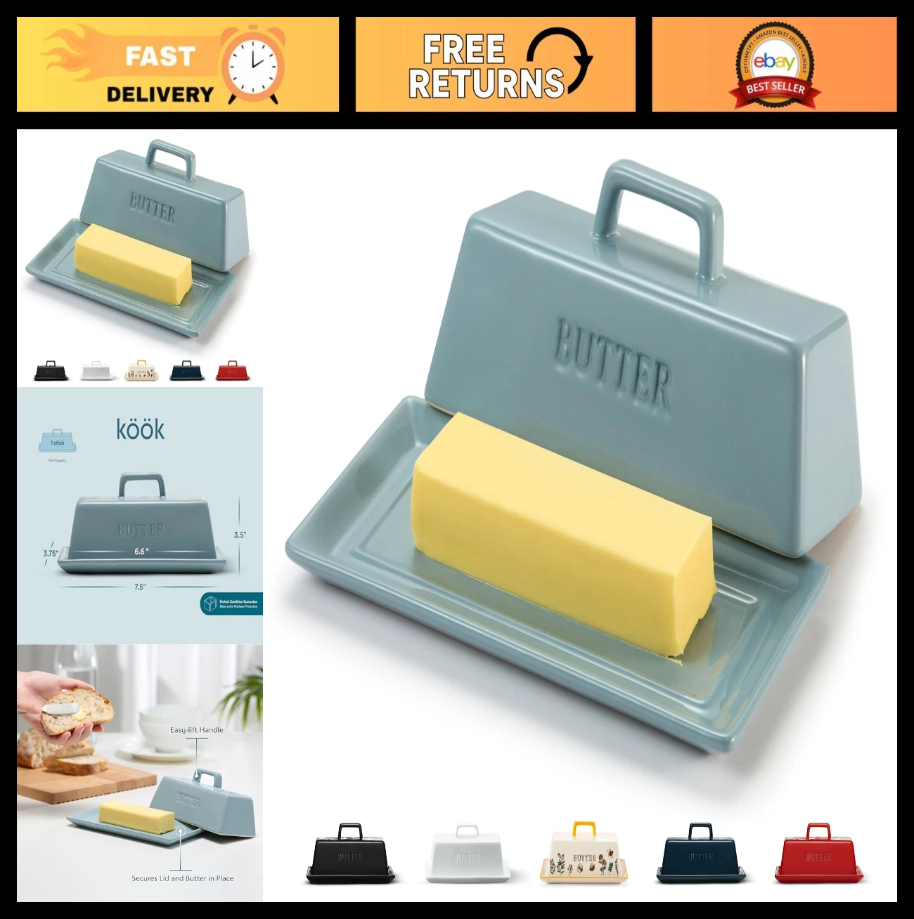 Butter Dish with Lid for Countertop, by Kook, Ceramic Dish Tray with Cover