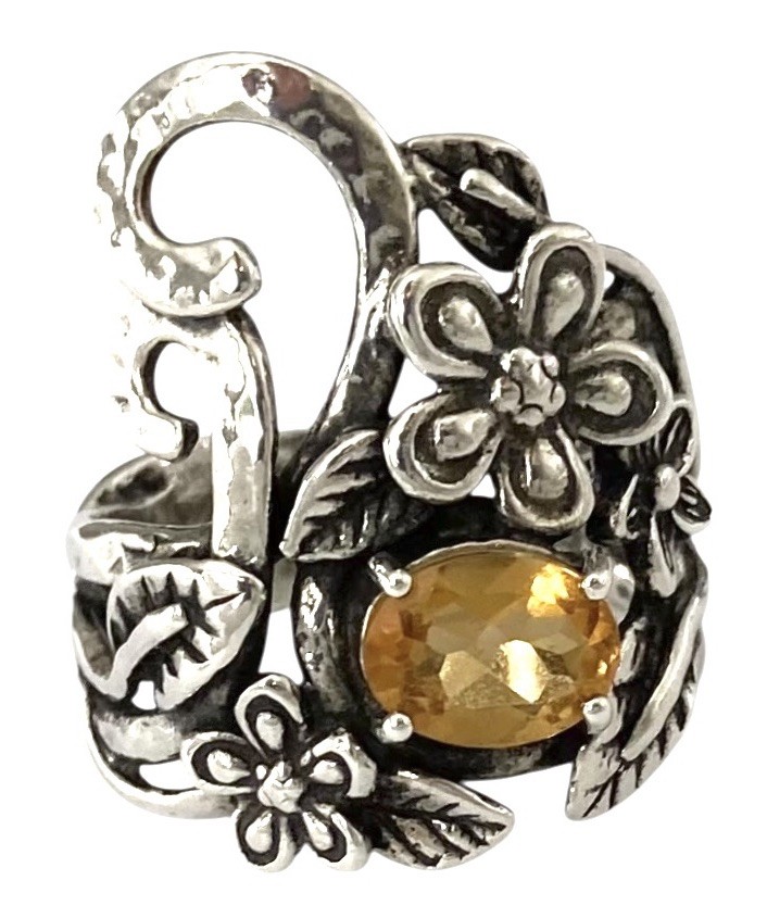 OR PAZ~ISRAEL Sterling Silver Oval Citrine Tall OPEN WORK FLORAL Ring~Size 8.25