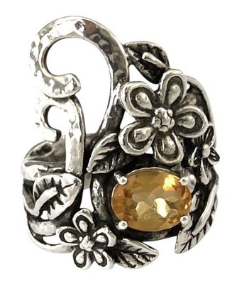 OR PAZ~ISRAEL Sterling Silver Oval Citrine Tall OPEN WORK FLORAL Ring~Size 8.25