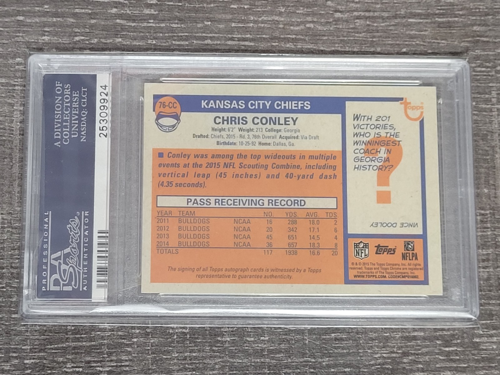 2015 Topps Chrome 1976 Topps Design Chris Conley #76-CC Rookie Auto PSA 9 RC /25 view 6