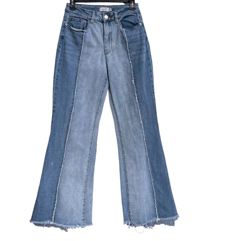 Rue21 JRs SZ 3 Festival Flare Jeans Hi-Rise Distressed Frayed Hems Two-Tone Boho