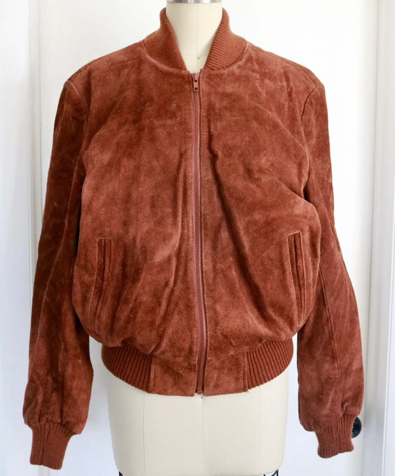 Copper Brown Suede Leather Bomber Jacket Mens Small Vintage Zip Up image 1