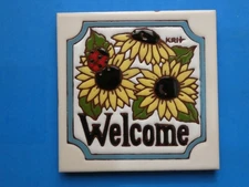 Sunflower Flowers Lady Bug Welcome Earthtones Hanging Ceramic Art Tile 6"x6" O90