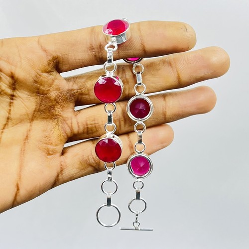 Six Pink Ruby Station Layering Chain Bracelet 925 Sterling Silver Size-7-8" - Picture 2 of 4