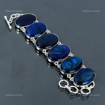 925 Sterling Silver Blue Fire Labradorite Stone Bezel Chain Birthday Bracelet
