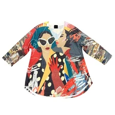 Inoah Art Abstract Colorful Tunic Top Euro Whimsical Graphic Print L Made in USA