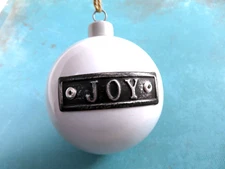 Farmhouse Ball Ornament White Enamel Metal Riveted Tin Wording JOY 3.25 Inch
