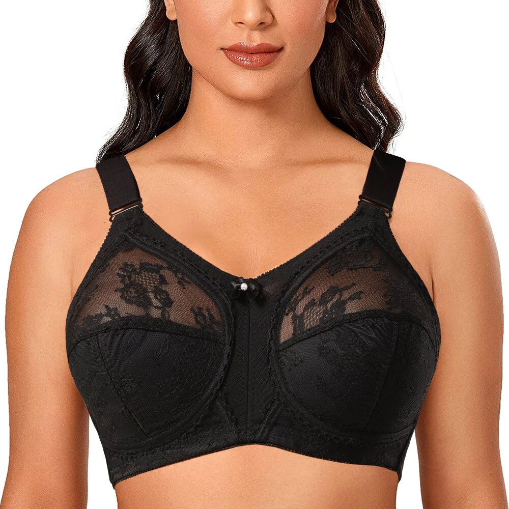 Ladies Full Cup Bra Non Wired Support Plus Size Lace Bralette D DD E F G GG  Cup