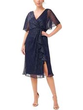 Adrianna Papell L46012 Womens Blue Metallic Crinkle Wrap Dress Size US 2