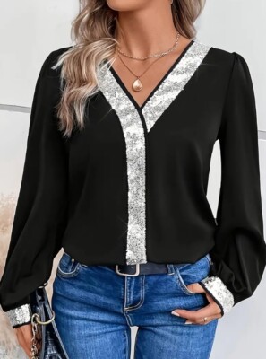 Size XXL US Size 14 Long Sleeve V-Neck Black Sequin Contrast Blouse Top New